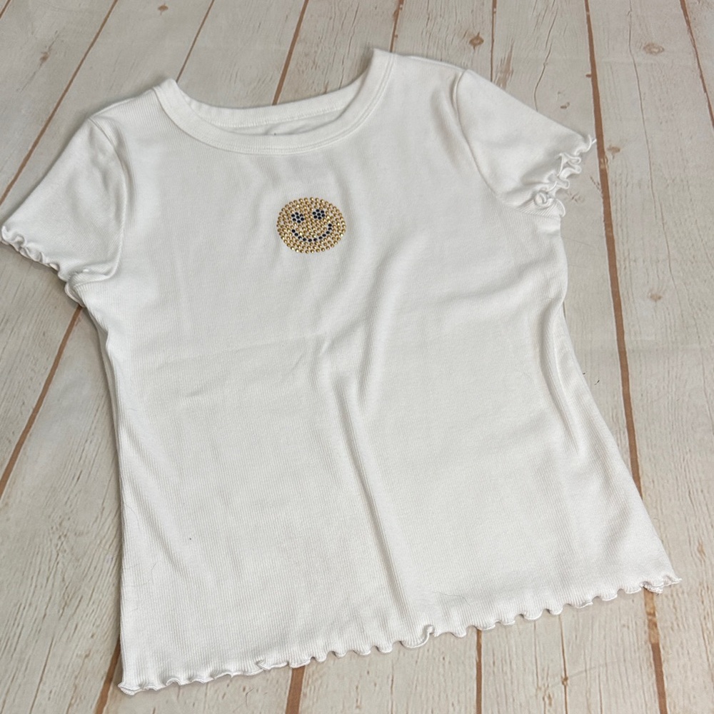 SO White Lettuce Hem Babydoll T-Shirt with Rhinestone Smiley Face